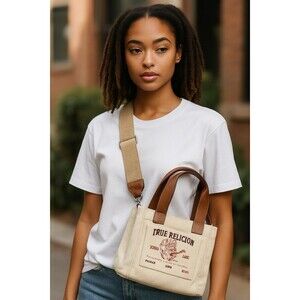 True Religion Mini Logo Tote Bag Natural Cream Brown Canvas Crossbody 7 x 8 x 4